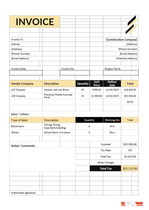 Construction Estimate Invoice Template PSD template